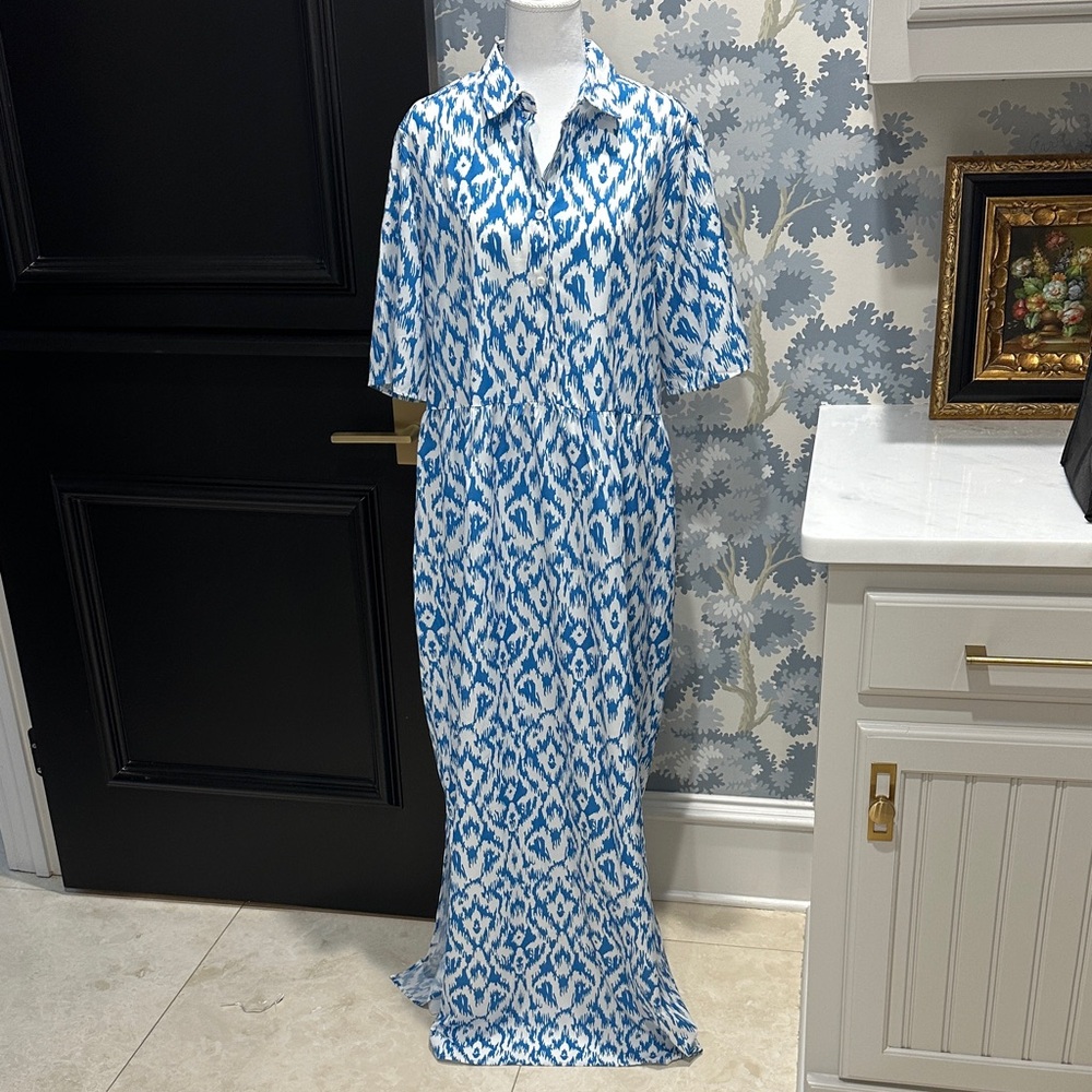 Blue and White Patterned Maxi Dress